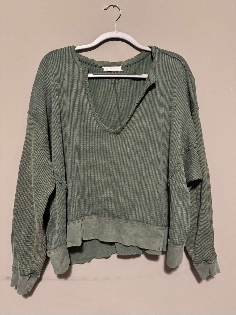 We The Free Olive Green Waffle-Knit V-Neck Sweatshirt